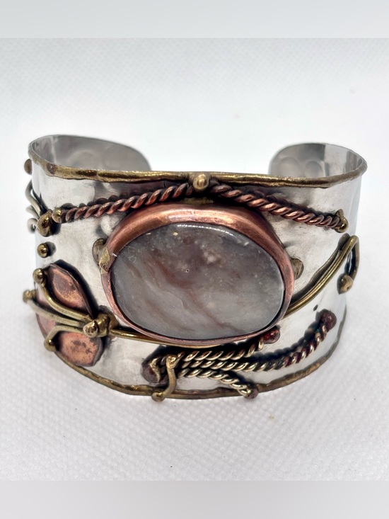 Jewelry - Unique Artisan Modernist Brutalist Mixed Metal & Agate Cuff Bracelet